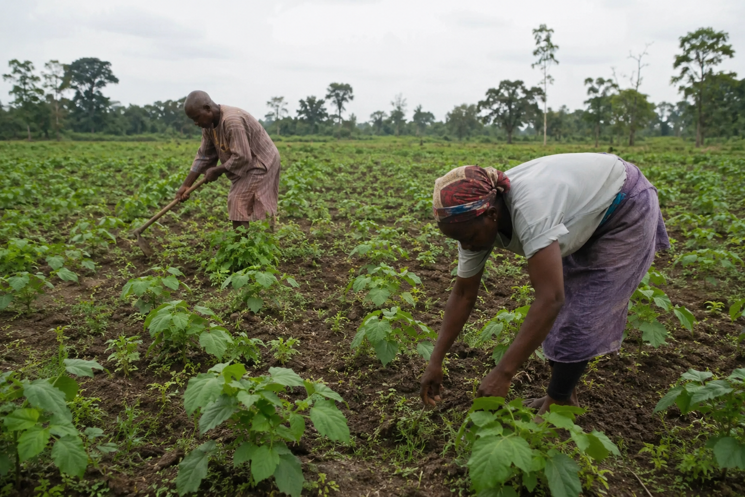 Nigerian farmers working in the field